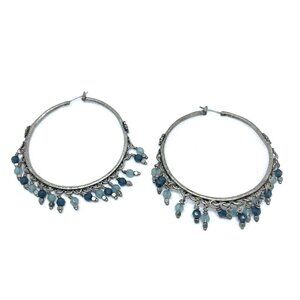 Faceted Beaded Large Circle Hoop Earrings Silver Tone